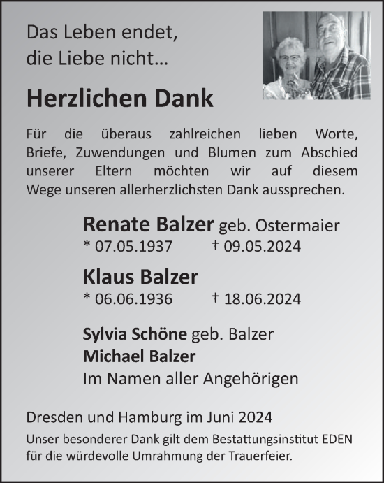 Traueranzeige von Renate und Klaus Balzer von Ostthüringer Zeitung