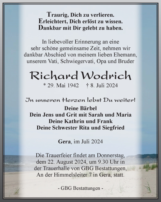 Traueranzeige von Richard Wodrich von Ostthüringer Zeitung