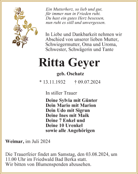 Traueranzeige von Ritta Geyer von Thüringer Allgemeine, Thüringische Landeszeitung