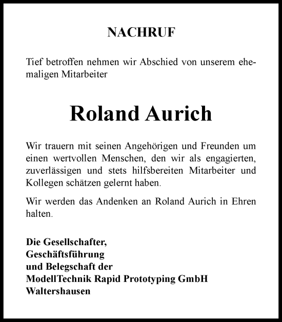 Traueranzeige von Roland Aurich von Thüringer Allgemeine, Thüringische Landeszeitung