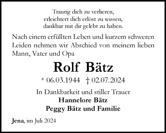 Traueranzeige von Rolf Bätz von Ostthüringer Zeitung, Thüringische Landeszeitung