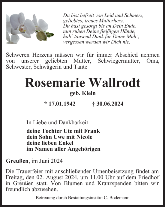 Traueranzeige von Rosemarie Wallrodt von Thüringer Allgemeine