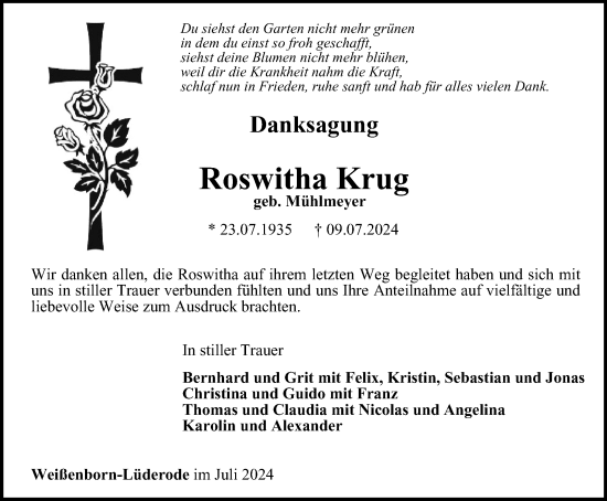 Traueranzeige von Roswitha Krug von Thüringer Allgemeine