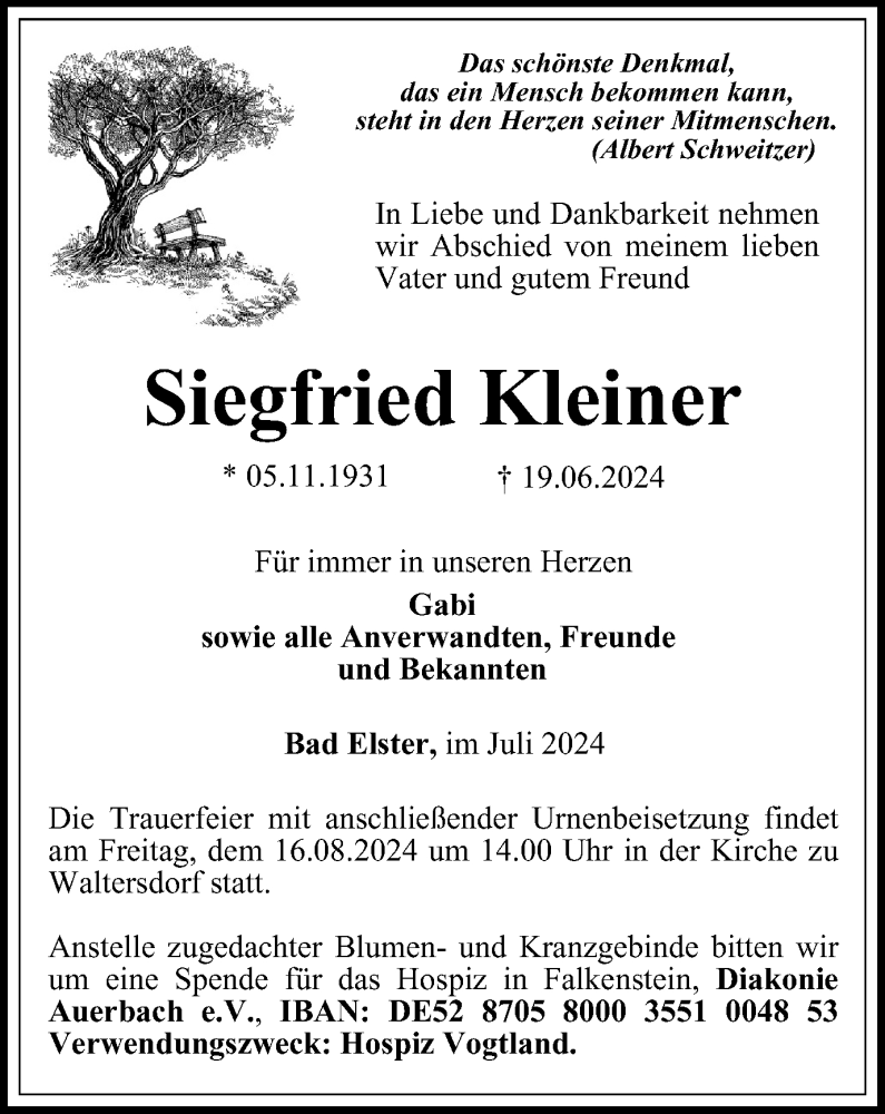  Traueranzeige für Siegfried Kleiner vom 12.07.2024 aus Ostthüringer Zeitung