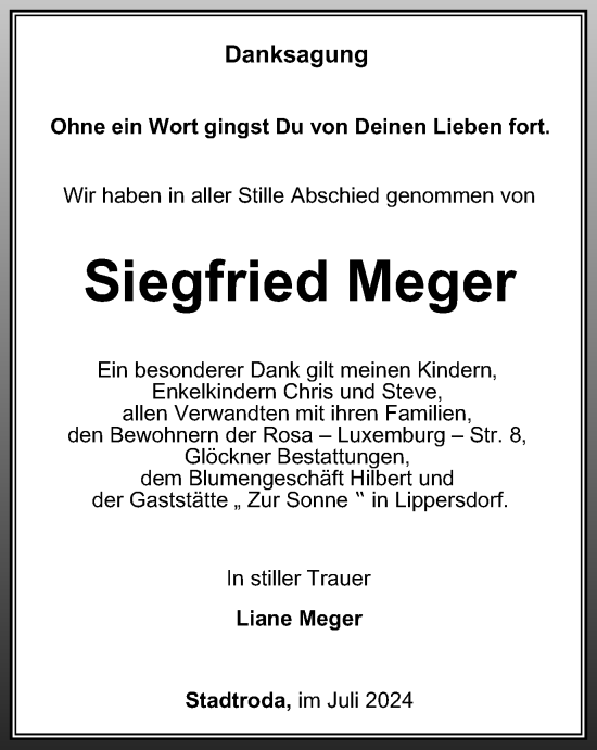 Traueranzeige von Siegfried Meger von Ostthüringer Zeitung