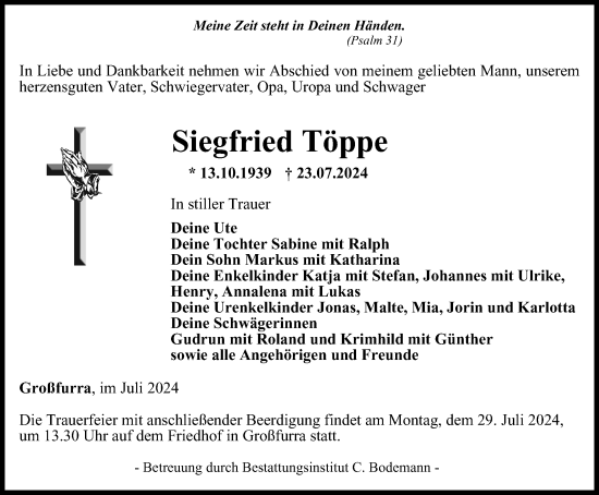Traueranzeige von Siegfried Töppe von Thüringer Allgemeine