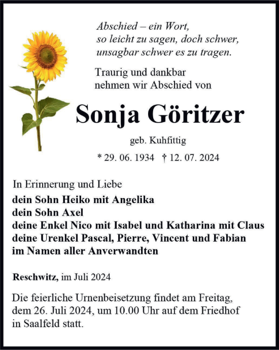 Traueranzeige von Sonja Göritzer von Ostthüringer Zeitung