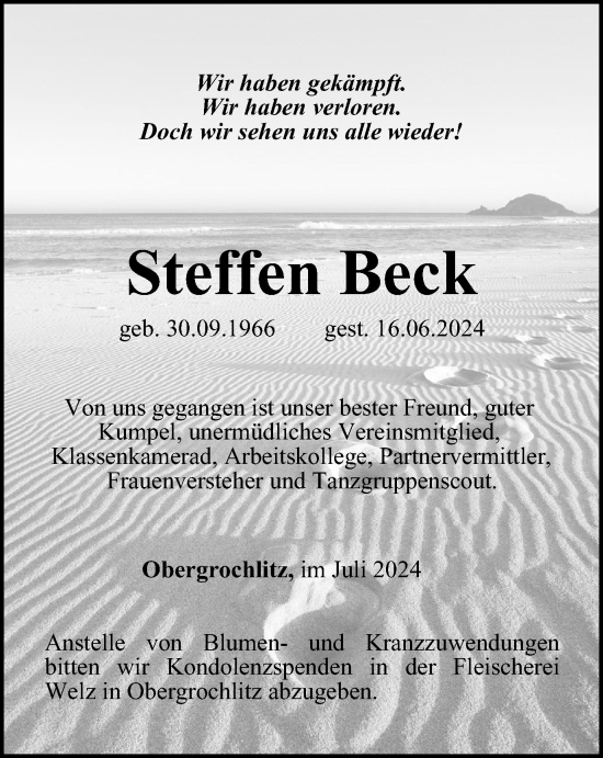 Traueranzeige von Steffen Beck von Ostthüringer Zeitung