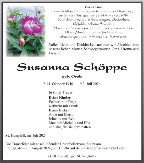 Traueranzeige von Susanna Schöppe von Ostthüringer Zeitung