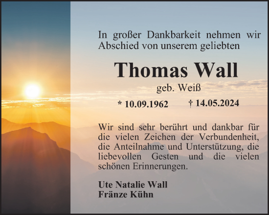 Traueranzeige von Thomas Wall von Thüringer Allgemeine