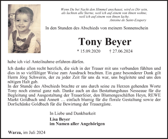 Traueranzeige von Tony Beyer von Thüringer Allgemeine, Thüringische Landeszeitung