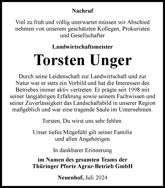 Traueranzeige von Torsten Unger von Thüringer Allgemeine, Thüringische Landeszeitung