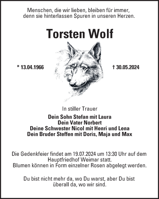 Traueranzeige von Torsten Wolf von Thüringer Allgemeine, Thüringische Landeszeitung