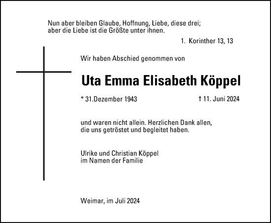 Traueranzeige von Uta Emma Elisabeth Köppel von Thüringer Allgemeine, Thüringische Landeszeitung