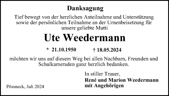 Traueranzeige von Ute Weedermann von Ostthüringer Zeitung