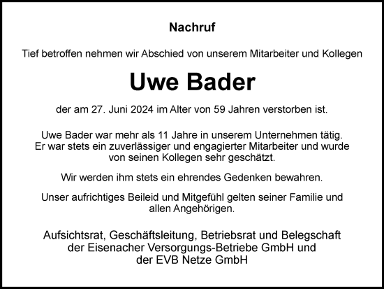 Traueranzeige von Uwe Bader von Thüringer Allgemeine, Thüringische Landeszeitung