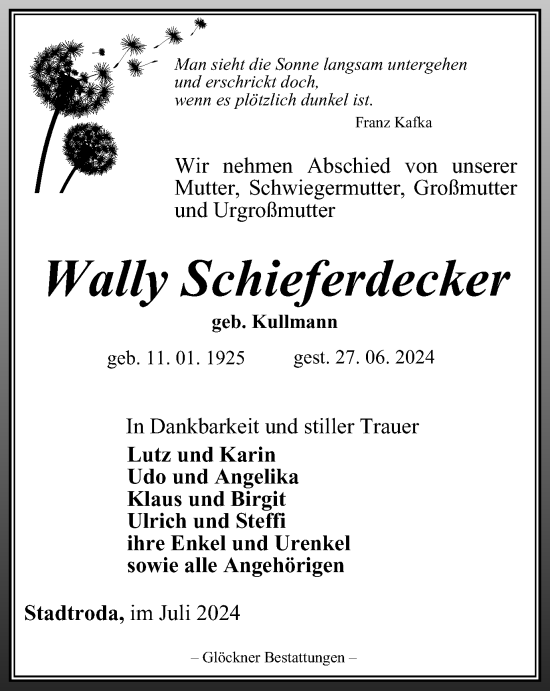 Traueranzeige von Wally Schieferdecker von Ostthüringer Zeitung