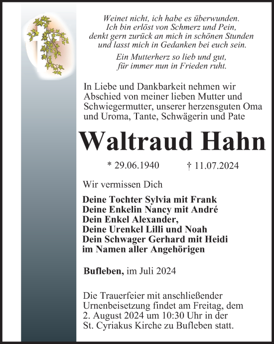 Traueranzeige von Waltraud Hahn von Thüringer Allgemeine, Thüringische Landeszeitung