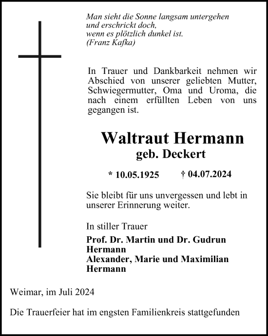 Traueranzeige von Waltraut Hermann von Thüringer Allgemeine, Thüringische Landeszeitung