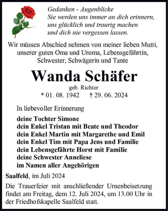 Traueranzeige von Wanda Schäfer von Ostthüringer Zeitung