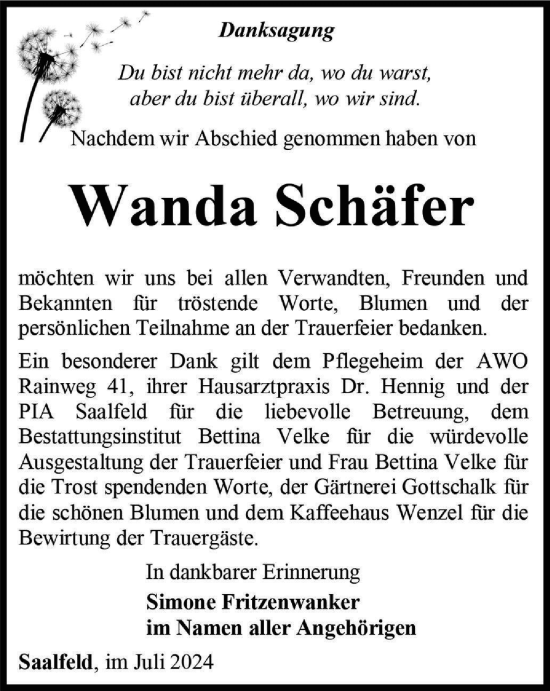 Traueranzeige von Wanda Schäfer von Ostthüringer Zeitung