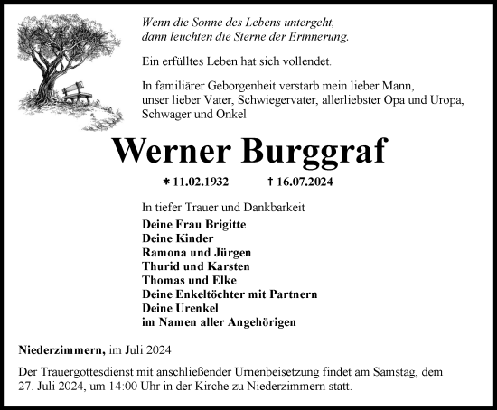 Traueranzeige von Werner Burggraf von Thüringer Allgemeine, Thüringische Landeszeitung