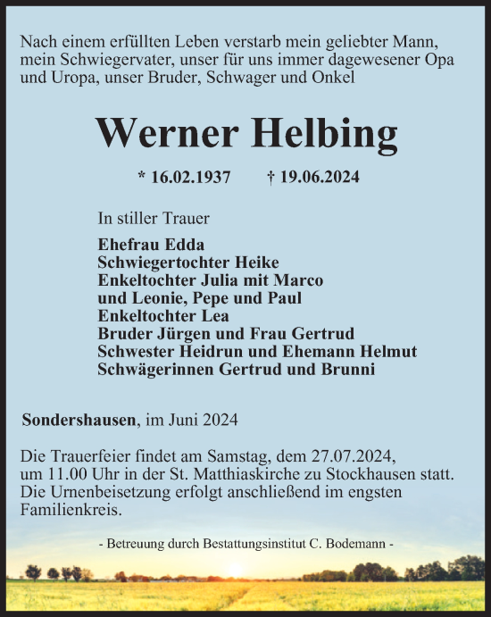 Traueranzeige von Werner Helbing