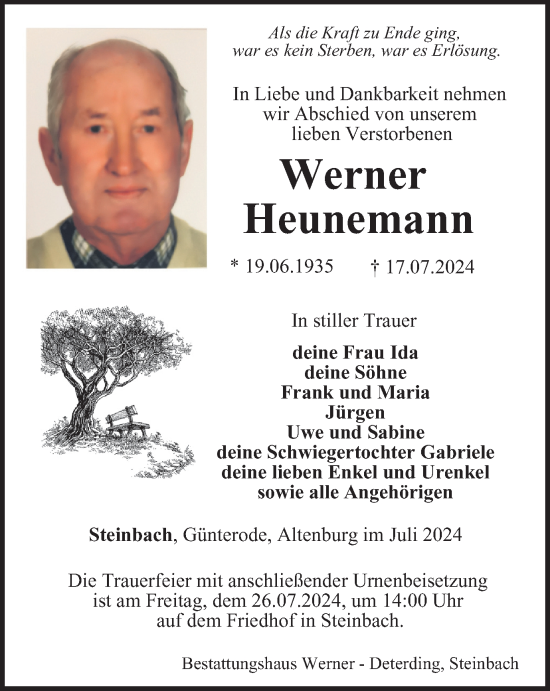 Traueranzeige von Werner Heunemann von Thüringer Allgemeine