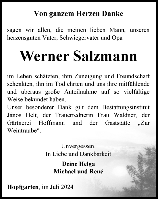 Traueranzeige von Werner Salzmann von Thüringer Allgemeine, Thüringische Landeszeitung