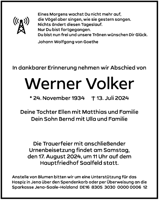 Traueranzeige von Werner Volker von Ostthüringer Zeitung