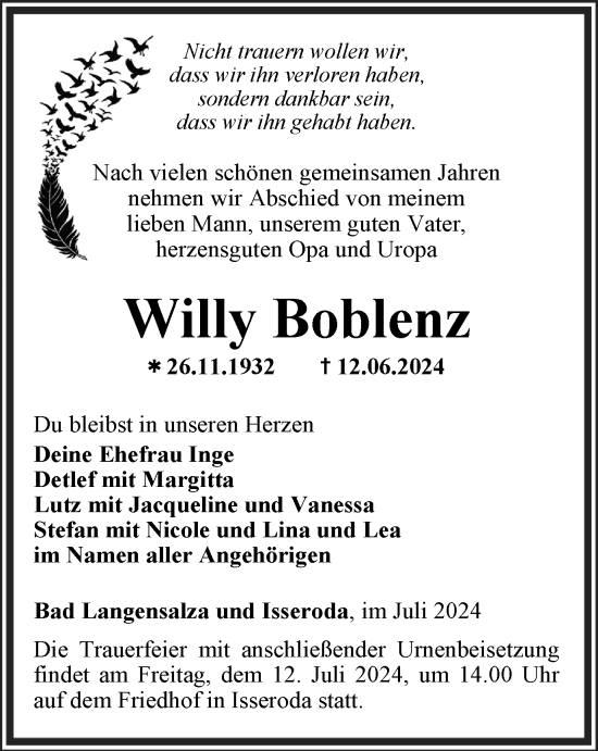 Traueranzeige von Willy Boblenz von Thüringer Allgemeine, Thüringische Landeszeitung