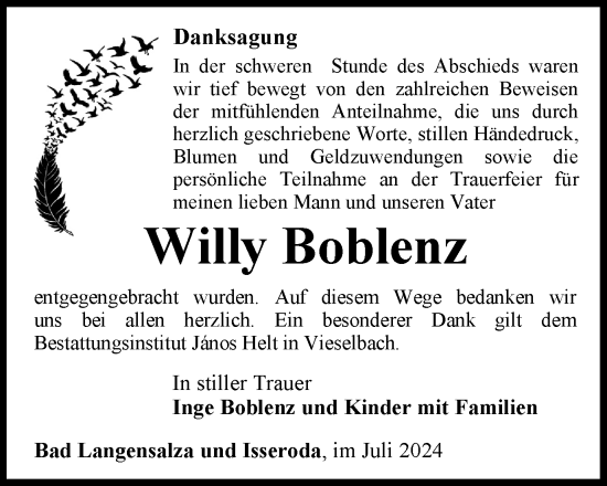 Traueranzeige von Willy Boblenz von Thüringer Allgemeine, Thüringische Landeszeitung