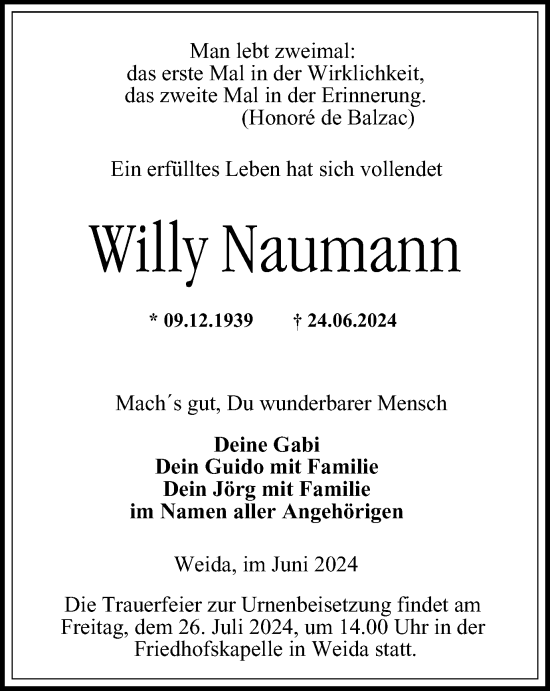 Traueranzeige von Willy Naumann von Ostthüringer Zeitung