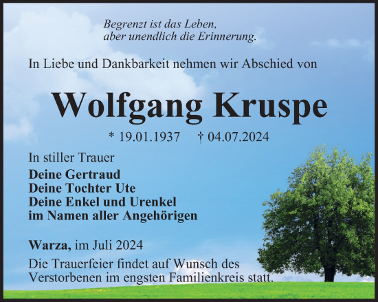 Traueranzeige von Wolfgang Kruspe von Thüringer Allgemeine, Thüringische Landeszeitung