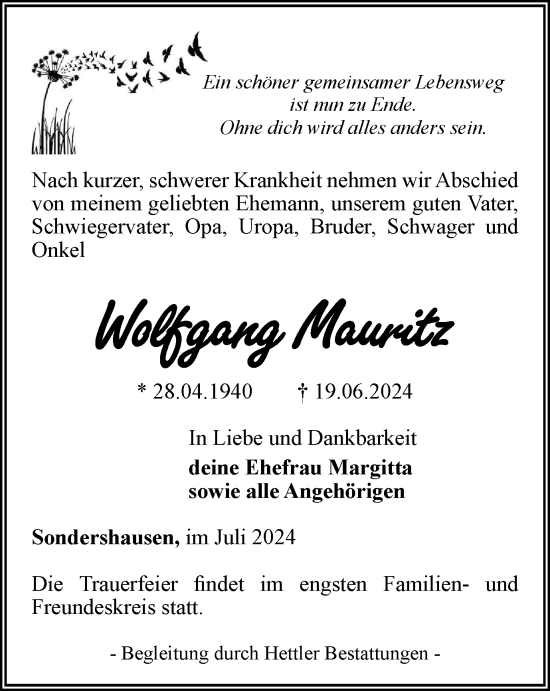 Traueranzeige von Wolfgang Mauritz von Thüringer Allgemeine