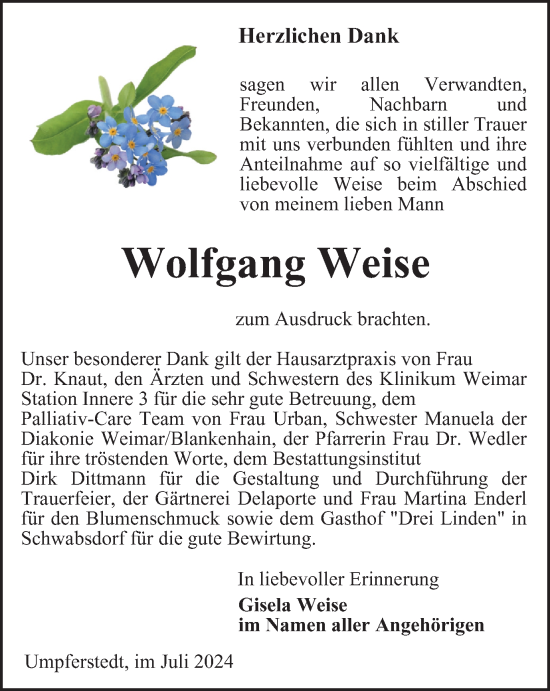 Traueranzeige von Wolfgang Weise von Thüringer Allgemeine, Thüringische Landeszeitung