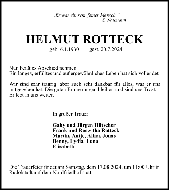 Traueranzeige von Helmut Rotteck  