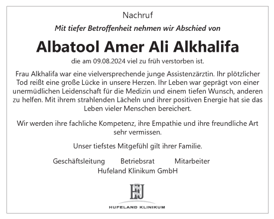 Traueranzeige von Albatool Amer Ali Alkhalifa von Thüringer Allgemeine, Thüringische Landeszeitung