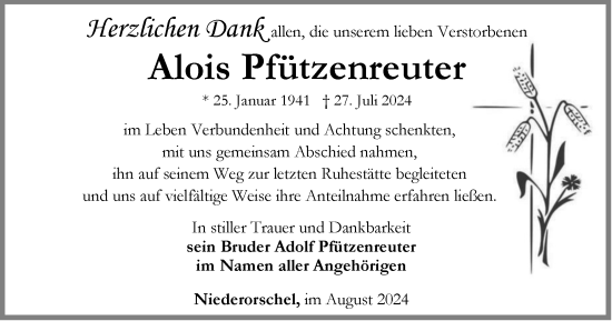 Traueranzeige von Alois Pfützenreuter von Thüringer Allgemeine