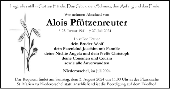 Traueranzeige von Alois Pfützenreuter von Thüringer Allgemeine