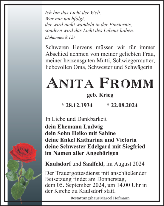 Traueranzeige von Anita Fromm von Ostthüringer Zeitung