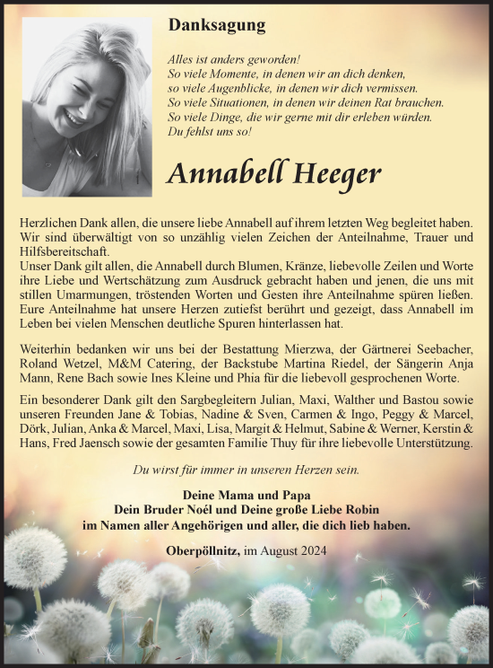 Traueranzeige von Annabell Heeger von Ostthüringer Zeitung