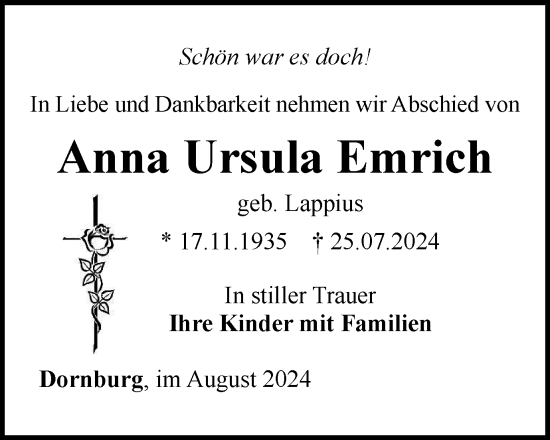 Traueranzeige von Anna Ursula Emrich von Ostthüringer Zeitung, Thüringische Landeszeitung