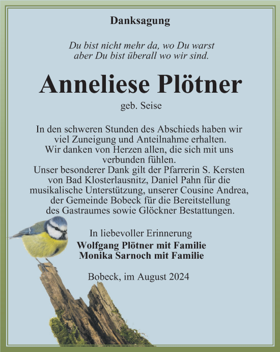 Traueranzeige von Anneliese Plötner von Ostthüringer Zeitung