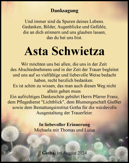 Traueranzeige von Asta Schwietza