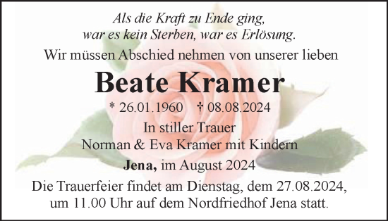 Traueranzeige von Beate Kramer von Ostthüringer Zeitung