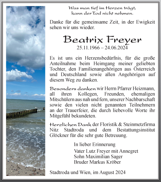 Traueranzeige von Beatrix Freyer von Ostthüringer Zeitung