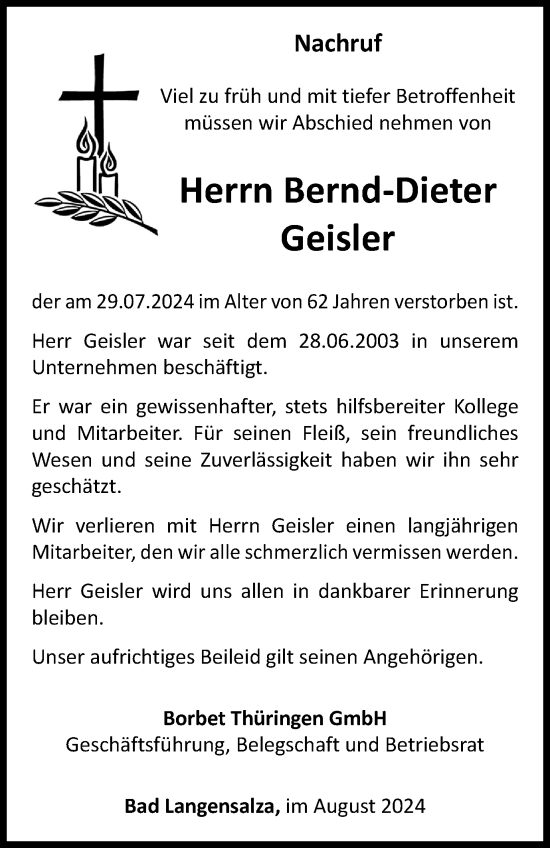 Traueranzeige von Bernd-Dieter Geisler von Thüringer Allgemeine, Thüringische Landeszeitung