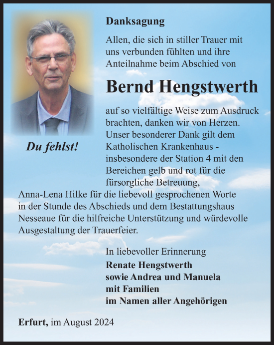 Traueranzeige von Bernd Hengstwerth von Thüringer Allgemeine, Thüringische Landeszeitung