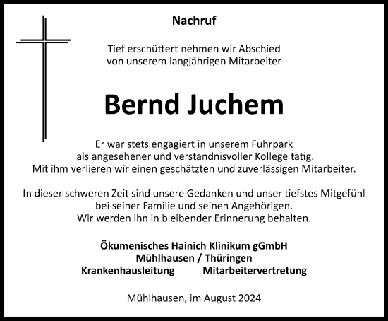 Traueranzeige von Bernd Juchem von Thüringer Allgemeine, Thüringische Landeszeitung